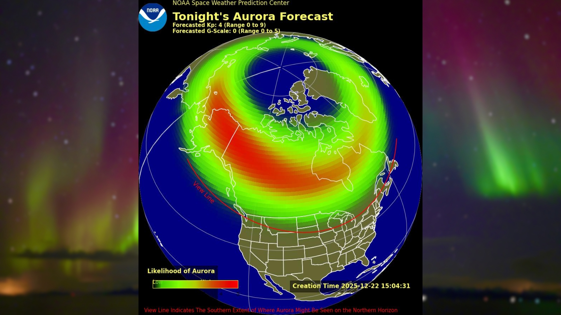 a map showing the 10 states where the northern lights might be visible from tonight if geomagnetic storm conditions are reached.