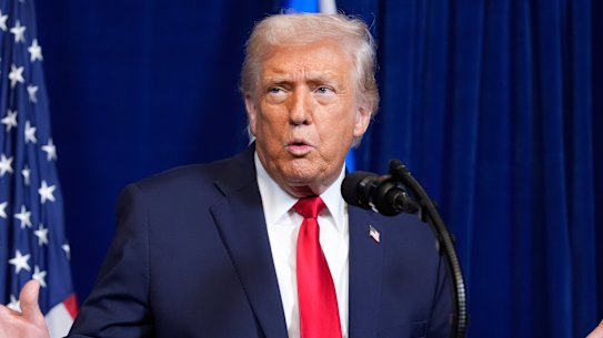 US President Donald Trump addresses the media at Mar-a-Lago on Monday.