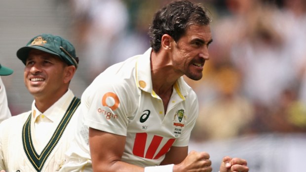 Australia's Mitchell Starc celebrates the wicket of Ben Stokes on day two of the first Ashes Test.