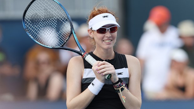 Maya Joint celebrates after defeating Laura Siegemund in her grand slam main-draw debut at the 2024 US Open.