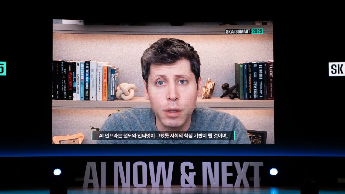 OpenAI CEO Sam Altman delivers a speech with video at the SK AI Summit 2025 at COEX in Seoul, South Korea on November 3, 2025.