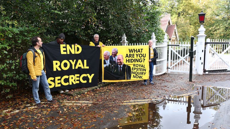 Activists from the anti-monarchy group Republic, stage a protest at the entrance to Windsor Great Park and Royal Lodge where Prince Andrew lives, on October 21, 2025.