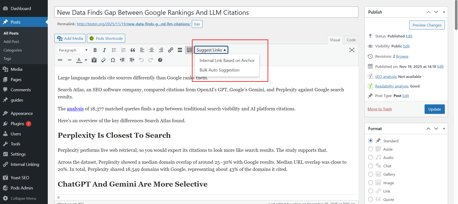 Adding LLM-based internal links in Classic Editor.