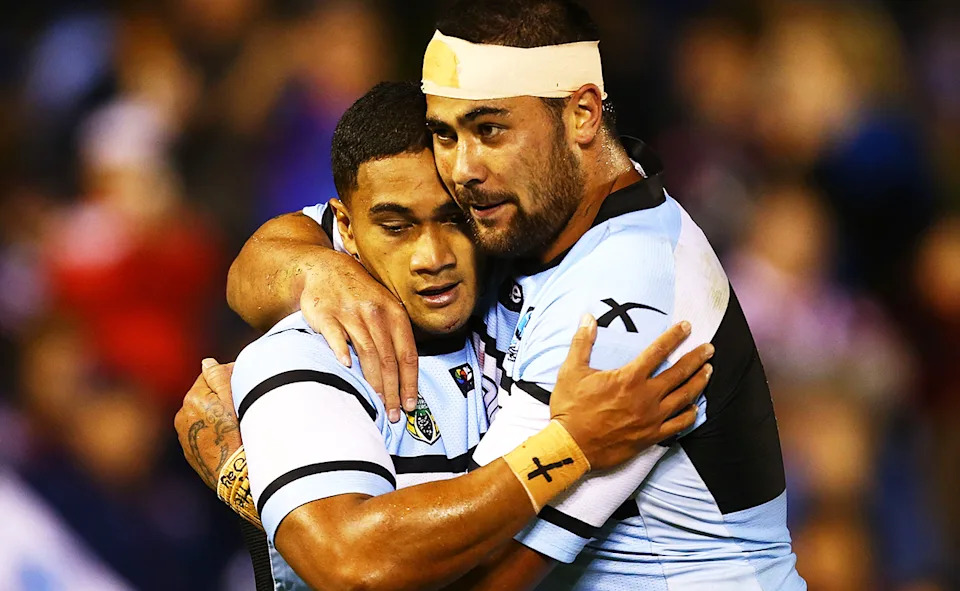 Ricky Leutele with former Cronulla teammate Andrew Fifita.