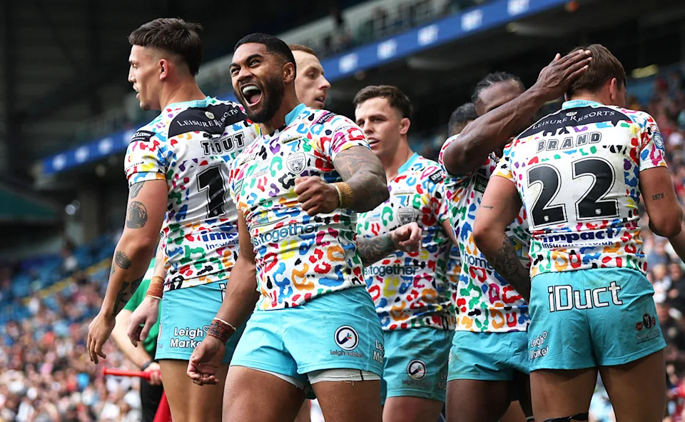 Ricky Leutele during a game for Leigh Leopards in the Super League in 2024.