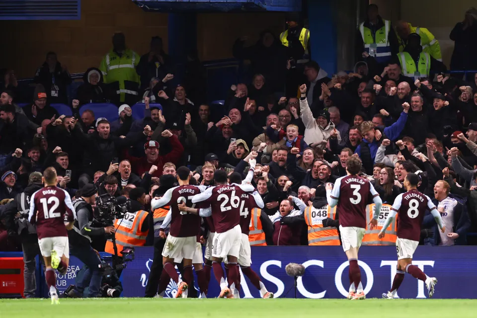 Aston Villa celebrate against Chelsea.