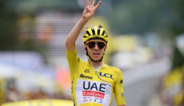 ISOLA 2000, FRANCE - JULY 19: Tadej Pogacar of Slovenia and UAE Team Emirates - Yellow Leader Jersey celebrates at finish line as stage winner during the 111th Tour de France 2024, Stage 19 a 144.6km stage from Embrun to Isola 2000 - (2022m) / #UCIWT / on July 19, 2024 in Isola 2000, France. (Photo by Dario Belingheri/Getty Images)