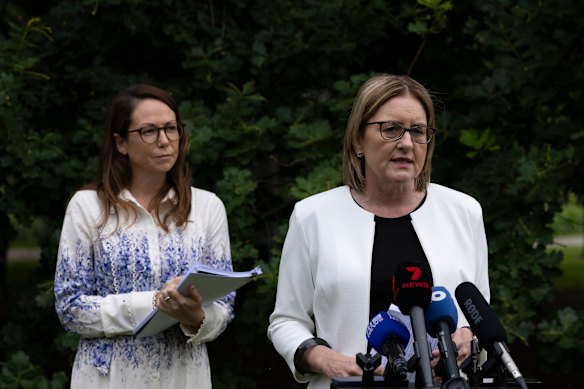 Treasurer Jaclyn Symes and Premier Jacinta Allan announcing the findings of the Silver review on Friday.