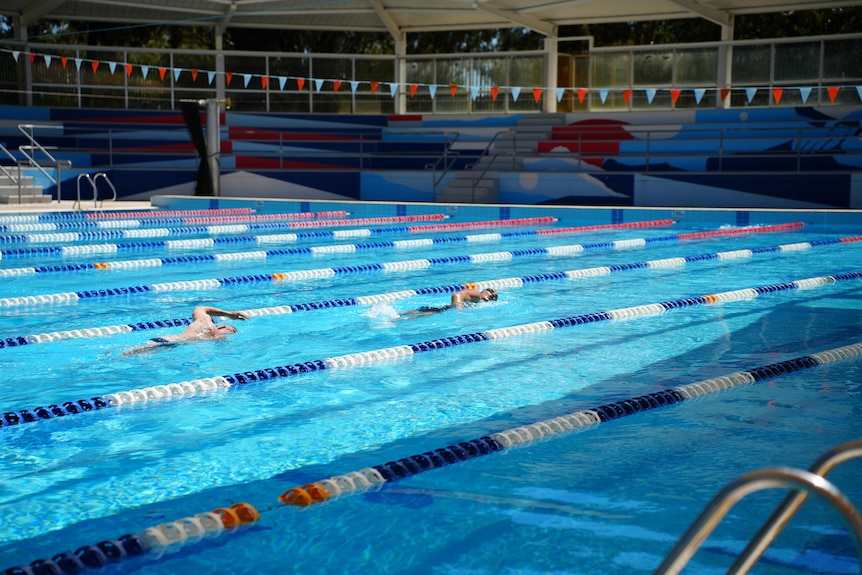 People swim laps at a sparsely populated pool with flags above it on a sunny day
