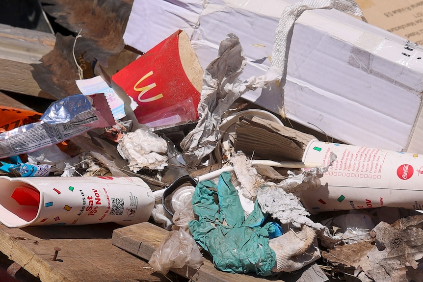 Old drink cups, chip packets, drink bottles and other rubbish is dumped into a bin at the tip.