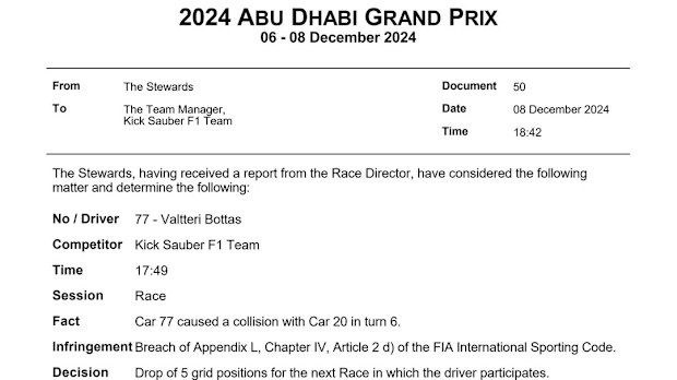 The stewards handed a five-place grid penalty to Valtteri Bottas. 