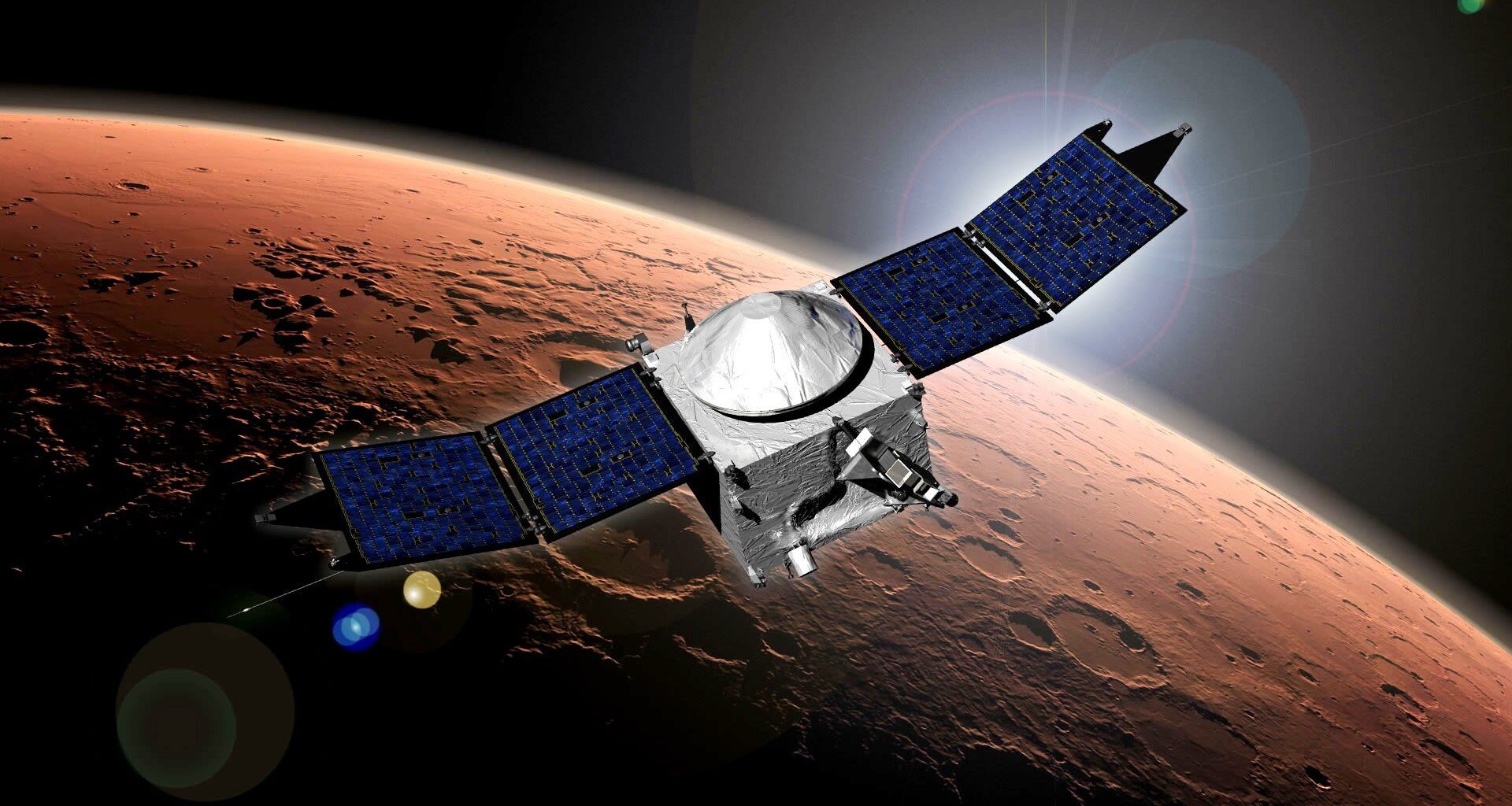 illustration of a silver and blue spacecraft orbiting mars
