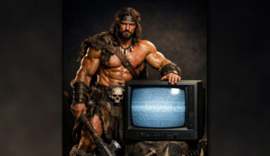 A GPT Image 1.5 generation created with the classic prompt, "a muscular barbarian with weapons beside a CRT television set, cinematic, 8K, studio lighting."