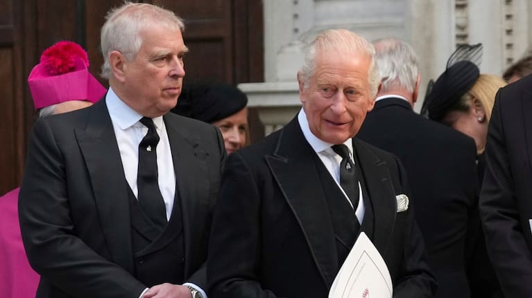 Britain's Prince Andrew, left, and Britain's King Charles III leave after the Requiem Mass service for the Duchess of Kent at Westminster Cathedral in London, Tuesday, September 16, 2025. 