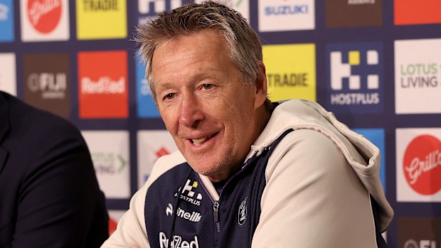 MELBOURNE, AUSTRALIA - AUGUST 25: Coach Craig Bellamy and CEO Justin Rodski speak to media during a Melbourne Storm NRL media opportunity at AAMI Park on August 25, 2025 in Melbourne, Australia. Craig Bellamy reaches the 600 game milestone on Friday night when the Storm take on the Roosters. (Photo by Kelly Defina/Getty Images)