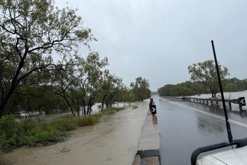 Flood water is close to the top of a bridge spanning a river.