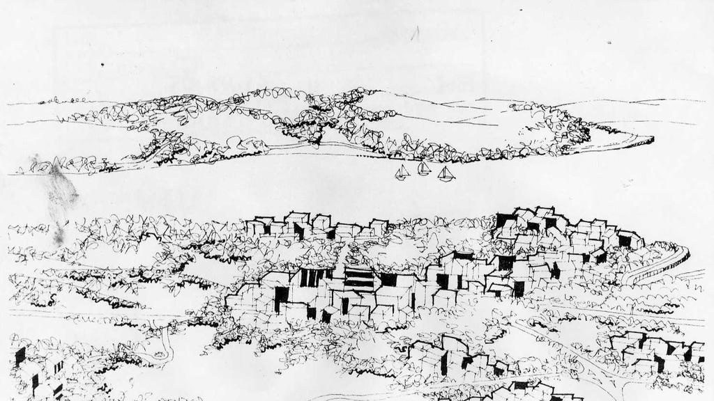 The Mediterranean style of Monarto is featured in this artist's impression of the city centre with the lake in the background. There will be no multi-storey buildings but the centre will feature many parks and plazas 1975.