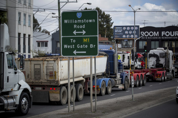 Trucks on Francis Street, Yarraville, in 2018.
