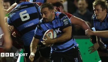 Cardiff captain Liam Belcher carries the ball against Scarlets
