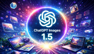 AI design that reads ChatGPT Images 1.5 with laptops in colorful outer space-like environment.