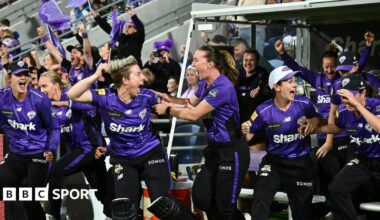 Hobart Hurricanes players celebrate in the dugout after winning the 2025 WBBL title