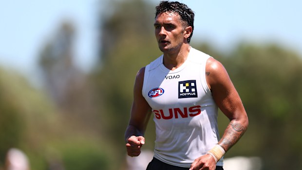 Jamarra Ugle-Hagan during a Gold Coast Suns AFL training session at People First Stadium on December 01, 2025 in Gold Coast, Australia. (Photo by Chris Hyde/Getty Images)