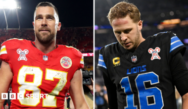 Travis Kelce of the Kansas City Chiefs after losing to the Denver Broncos and Jared Goff of the Detroit Lions after they lost to Minnesota