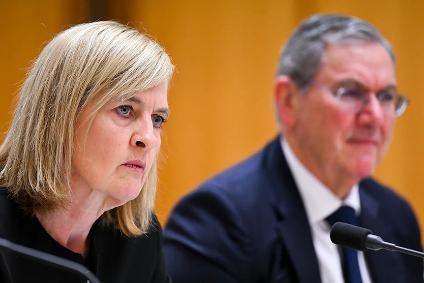 A blonde woman in black blazer with a serious expression sits at a microphone next to an older man in suit.
