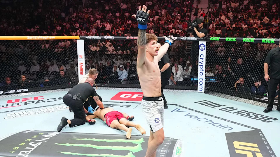 ABU DHABI, UNITED ARAB EMIRATES - OCTOBER 25: Quillan Salkilld of Australia reacts after a knockout victory against Nasrat Haqparast of Germany in a lightweight fight during the UFC 321 event at Etihad Arena on October 25, 2025 in Abu Dhabi, United Arab Emirates.  (Photo by Chris Unger/Zuffa LLC)