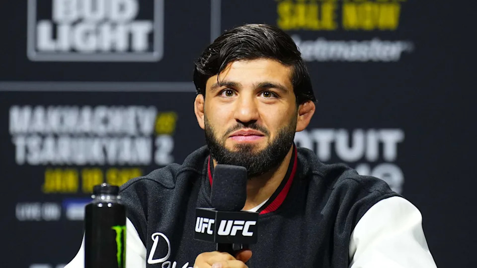 LAS VEGAS, NEVADA - DECEMBER 06: Arman Tsarukyan of Georgia is seen on stage during the UFC 311 press conference at MGM Grand Garden Arena on December 06, 2024 in Las Vegas, Nevada. (Photo by Chris Unger/Zuffa LLC)
