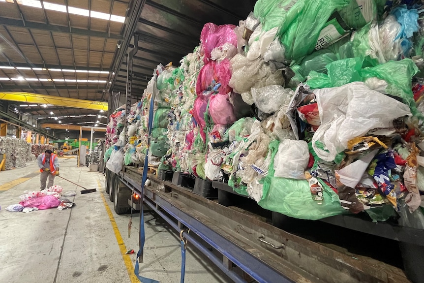 A truck full of bags of recycled soft plastics.