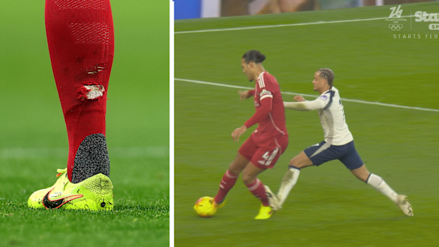 Xavi Simmons is shown red for a tackle of Virgil van Diyk.