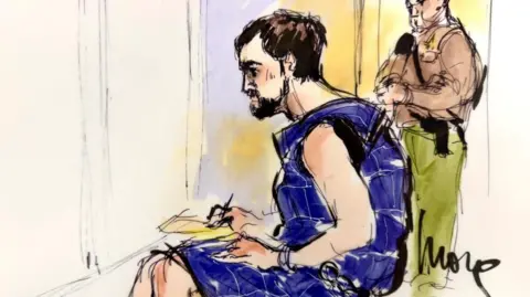 Reuters A courtroom sketch shows Nick Reiner wearing a blue protective vest as he makes his first court appearance in Los Angeles, California, U.S., on 17 December 2025 on murder charges in the killing of his parents.