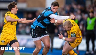 Cardiff wing Mason Grady carries powerfully against Dragons