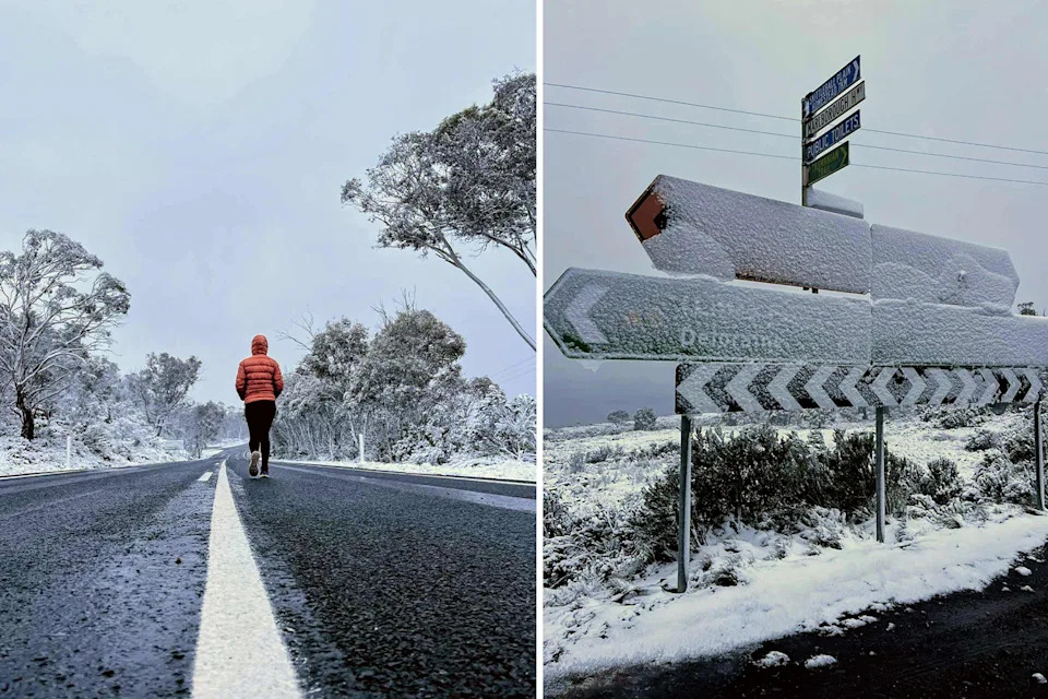 Left, Sandy walking down a snowy road in Tasmania on Christmas morning. Right, snow covering road signs. 