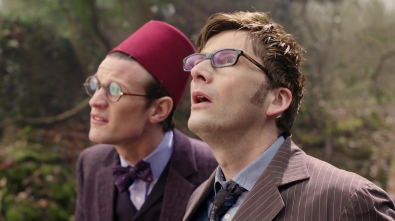 Matt Smith and David Tennant as the tenth and eleventh official incarnations of The Doctor, meeting each other in the 50th anniversary episode of Doctor Who.
