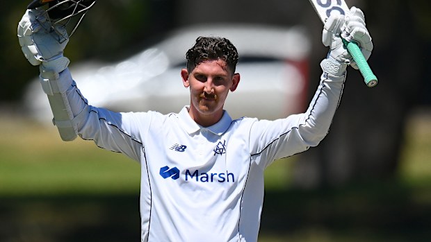 Nic Maddinson of Victoria celebrates scoring a century during the Sheffield Shield match between Victoria and South Australia at CitiPower Centre, on February 04, 2024, in Melbourne, Australia. (Photo by Morgan Hancock/Getty Images)