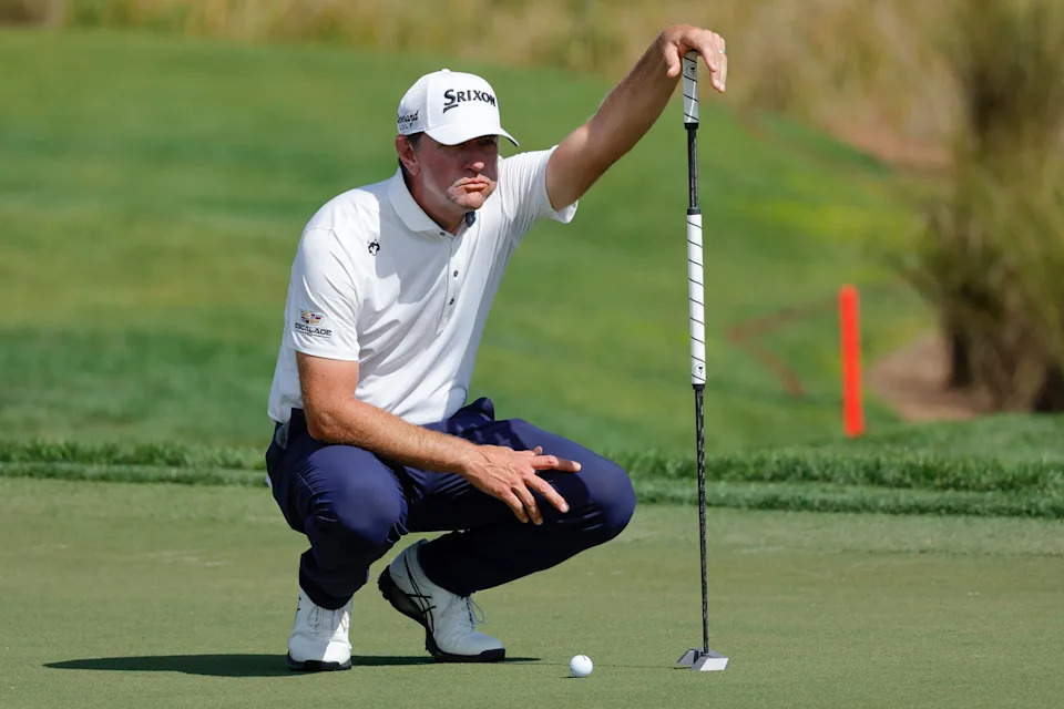 Lucas Glover lines up his putt on the third hole during the first round of the 2025 Cognizant Classic in The Palm Beaches.
