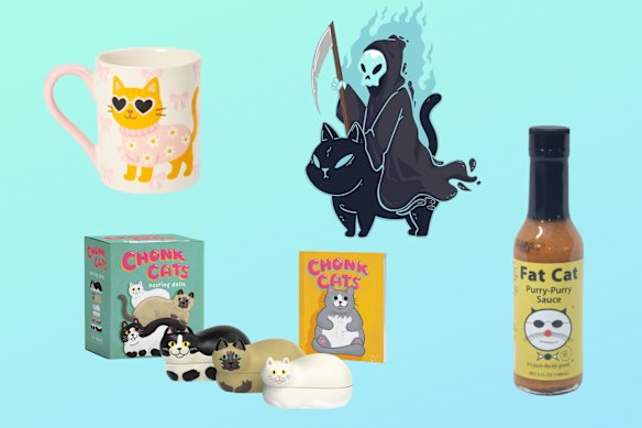 Furry Friends kitty mug; Chonk Cats nesting dolls; Fat Cat Purry-Purry hot sauce; Grim reaper evil cat sticker.