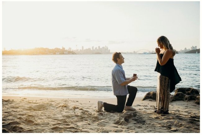 Patrick O’Connor popped the question at a Sydney beach, with the city skyline as the backdrop. 