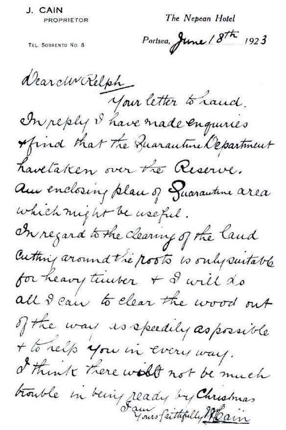 A 1923 letter from publican and land owner Mabel Cain to Portsea Golf Club founder Arthur Relph discussing the clearing of land. Published in the club’s 75th anniversary history book Within a Bull’s Roar.
