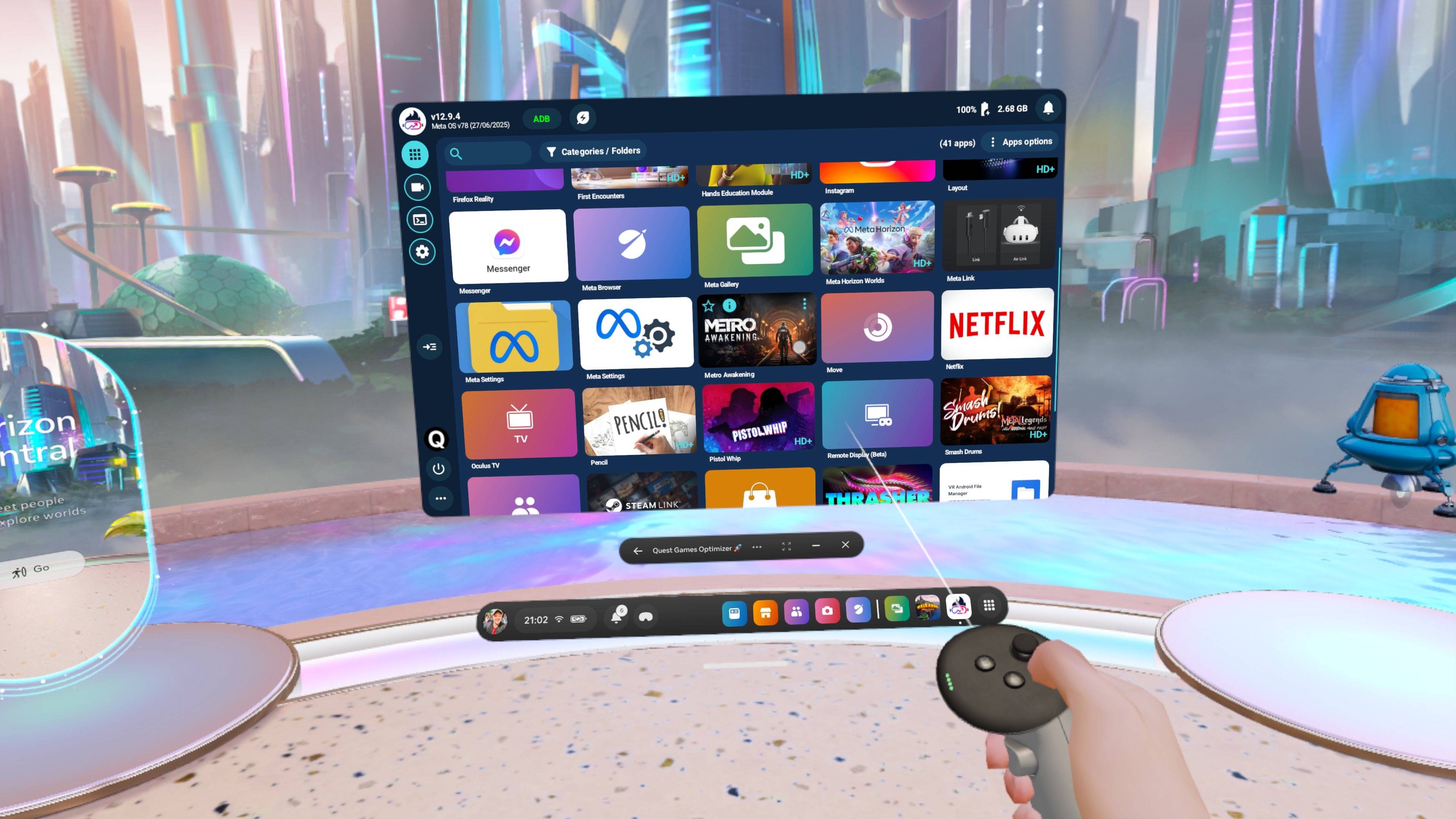 Quest Game Optimizer app shown on Meta Quest 3 headset in VR