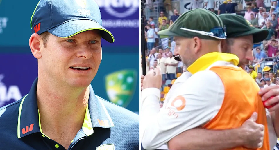 Steve Smith explained the axing of Nathan Lyon after the spinner was praised for a classy act during Australia's victory over England in the second Ashes Test. Pic: Getty/Seven