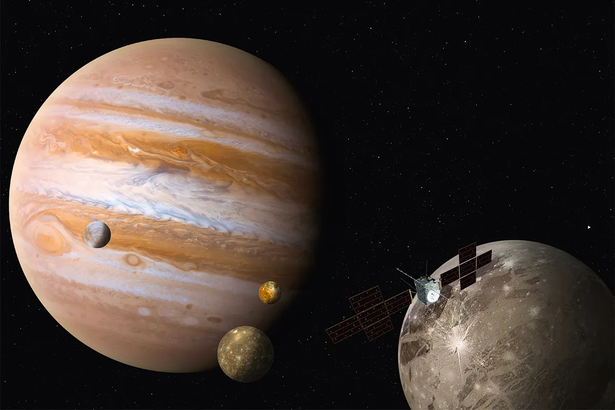 Artist's impression of the JUICE mission exploring Jupiter's moons. Credit: ESA/ATG Medialab, Getty Images