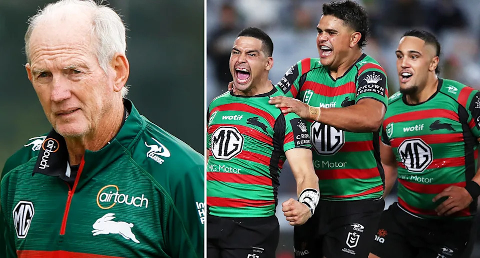 Wayne Bennett alongside Keaon Koloamatangi and Rabbitohs teammates.