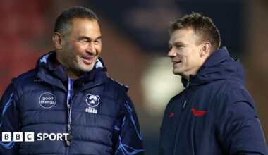 Pat Lam and Dwayne Peel in conversation before kick-off