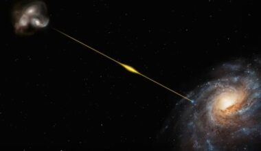 Normal matter in our universe: Artwork of a spiral galaxy at lower right and a  group of galaxies at upper left with a beam - brighter in the middle  - between them.