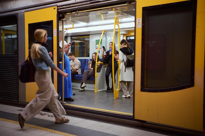 People getting onto a train.