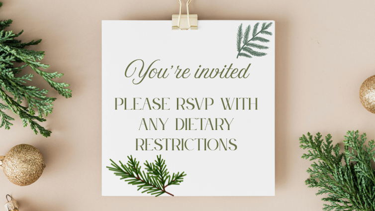 Holiday invitation asking guests to RSVP with any dietary restrictions