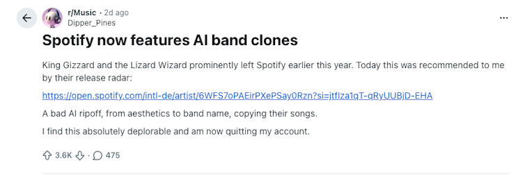 A Reddit post with the title 'Spotify now features AI band clones', with more than 3,000 upvotes.